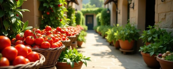 Obraz premium Rows of overflowing baskets brimming with ripe tomatoes, olives, and fragrant herbs , fruits, rustic, tomatoes