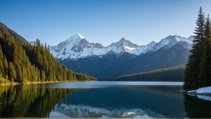Serene mountain lake mirroring snow-capped peaks and verdant forests under a clear blue sky in the morning sunlight.