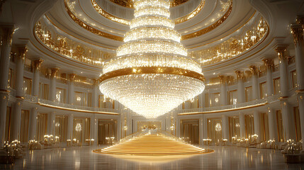 Obraz premium Luxurious Grand Ballroom Interior with a Massive Crystal Chandelier, Golden Accents, and Elegant Staircase.