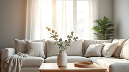 Fototapeta premium Bright Living Room Interior with Minimalist Decor and Natural Light