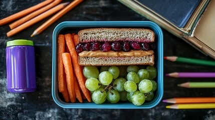 A healthy school lunchbox with a peanut butter and cranberry sandwich, carrots, and grapes