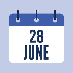 28 June Calendar, Isolated Vector Calendar.