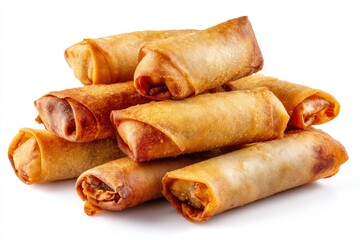 Crispy Fried Spring Rolls Stacked on White Background Ready to Eat