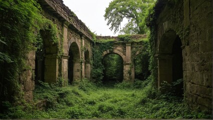 Naklejka premium The Verdant Embrace of Ruins: Nature's Reclamation of an Ancient Structure, an Oasis of Greenery and Stone Echoing Through Time