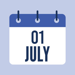 1 July Calendar, Isolated Vector Calendar.