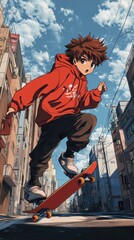 A young boy in a red hoodie skates through a city street.