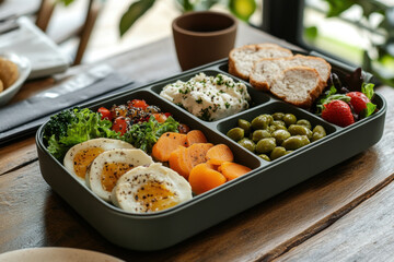 Tray of delicious food on table - vibrant colors, fruits, sandwiches, and pastries neatly arranged for a brunch gathering.