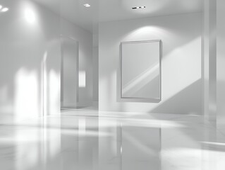 白い大理石調のギャラリースペースに飾られたシンプルなフレームアート | Simple Framed Art in White Marble-Inspired Gallery Space