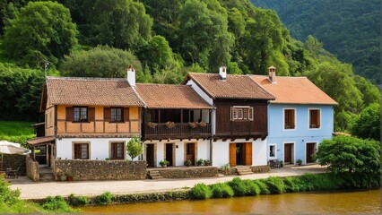 Quaint Riverside Residences: A Row of Charming Houses Nestled Against Lush Greenery, Reflecting Serenity and European Architectural Style.
