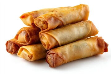 Stack of Crispy Spring Rolls with Filling on White Background