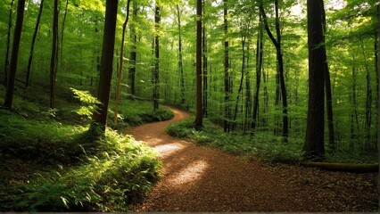 Obraz premium Emerald Canopy Path: A Winding Trail Through Lush Green Woods Bathed in Sunlight, Inviting Exploration and Serenity.