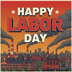 Happy Labor Day retro poster design with industrial cityscape, factory chimneys, and smoke. Vintage style greeting card for American holiday celebration and worker appreciation