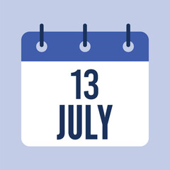 13 July Calendar, Isolated Vector Calendar.