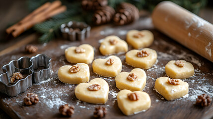 Naklejka premium Delicious heart-shaped cookies with walnuts, prepared for baking. Rustic Christmas baking scene with flour, rolling pin, and cookie cutters.