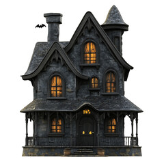 Haunted House with Bat Flying Above