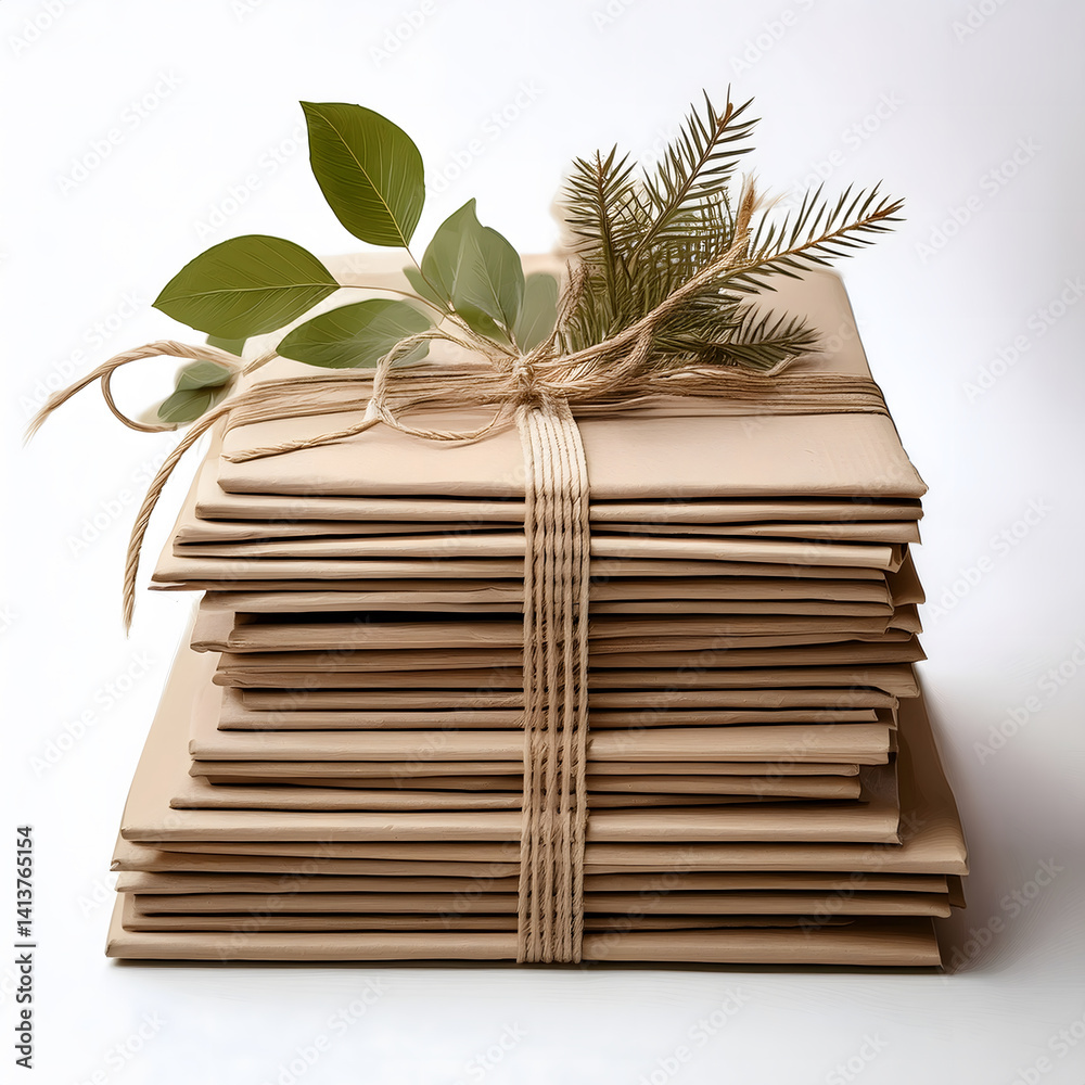 Poster Stack of bound papers with greenery tied on top