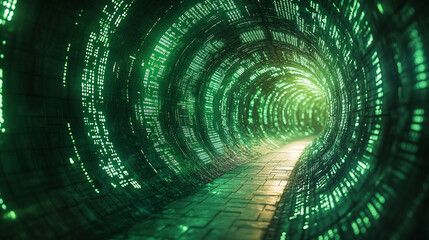 
Futuristic green tech tunnel with glowing digital code on walls and floor symbolizes data flow innovation and sustainable technology in a matrix-like world with deep perspective and energy focus


