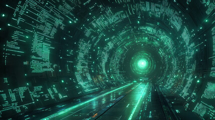 
Futuristic green tech tunnel with glowing digital code on walls and floor symbolizes data flow innovation and sustainable technology in a matrix-like world with deep perspective and energy focus

