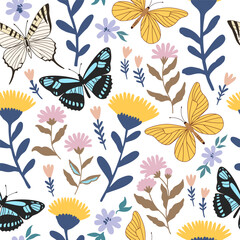 Fototapeta premium Seamless pattern with cute flowers and butterflies. Feminine romantic print for scrapbooking and textile. Vector illustration