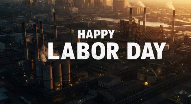 Happy Labor Day text over industrial cityscape at sunset. Appreciation for workers concept. Greeting card for Labor Day, May Day, International Workers' Day celebration.