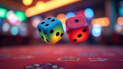 Pair of Colorful Dice on a Casino Table with Blurred Lights in the Background