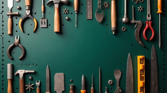 Green panel with carpentry tools