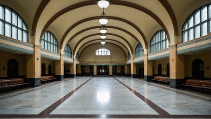 Grandeur in Symmetry: Exploring the Architectural Splendor of a Classic Railway Station Waiting Hall with Arched Windows and Marble Floors.