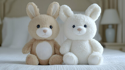 Two adorable plush bunny rabbits, one beige and one white, sit together on a pristine white bed.  Perfect for children's products, websites, or blogs.