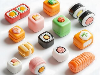 Obraz premium Generation Alpha food menu: a charming isometric of colorful Smart Sushi Rolls food icons on a white background.
