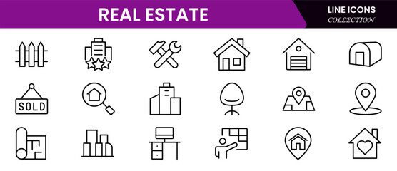 Vector illustration web line icon collection featuring real estate themes—property listings, house keys, contracts, location pins, home loans, buildings, investment, and architectural planning.