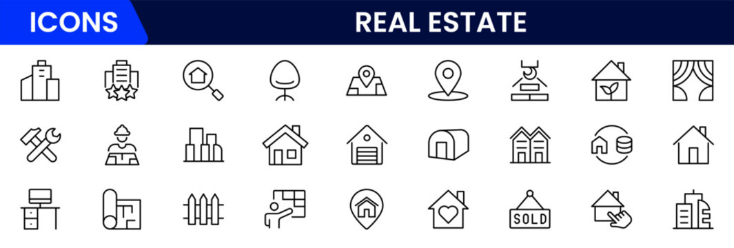 Vector illustration web line icon collection featuring real estate themes—property listings, house keys, contracts, location pins, home loans, buildings, investment, and architectural planning.