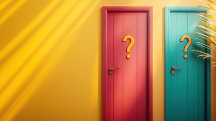 Obraz premium Two brightly colored doors stand against a yellow wall, each marked with a question mark, inviting curiosity and choice in design