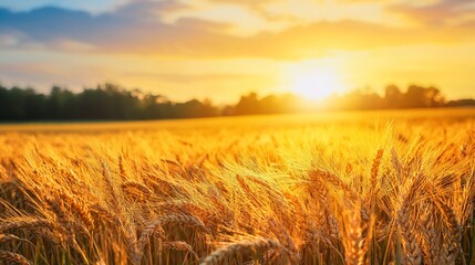 Obraz premium Golden wheat field bathed in warm sunlight at sunrise