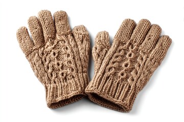Hand Knitted Gloves Brown Color Pair Isolated on White Background