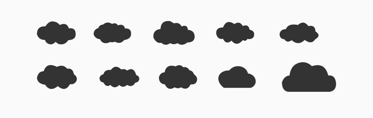 Cloud icon set. Simple cloudy shapes. Cartoon white puffy, fluffy and cumulus clouds in blue sky. Abstract comic weather elements. Cloud Vector Stock Collection