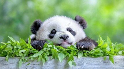 Obraz premium Adorable panda cub resting in lush green foliage