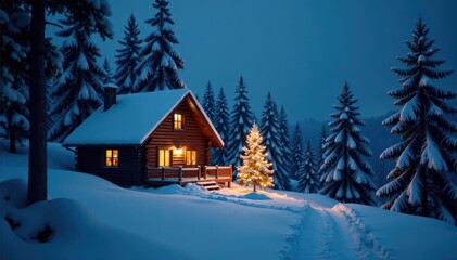 Wide shot, illuminated cabin nestled amongst snowy trees, Christmas tree twinkling , cold, home, christmas background