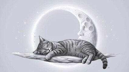 illustration of a serene sleeping cat reclining on a delicately silhouetted moon