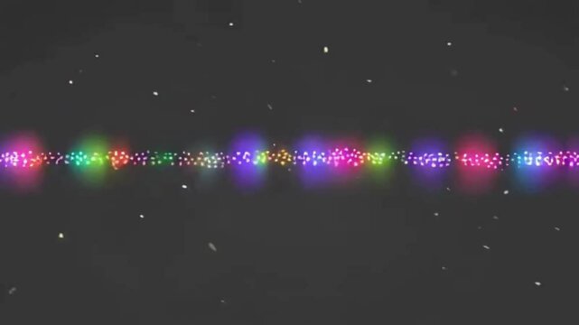 Abstract multicolored string of light in black background. Bright particles in row with luminous effects. Ray of lights pulsating in dark backdrop