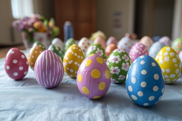 A table with a variety of dyed Easter eggs, some with polka dots, stripes, and flowers. Family members continue to paint and decorate their eggs. The mood is warm and homey