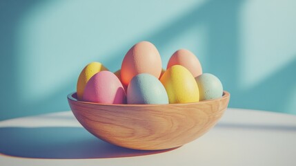 Pastel Easter Eggs in Wooden Bowl  Spring Holiday