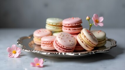 Elegant Macarons with Flowers on Silver Platter - Delicious French Pastries and Delicate Sweets