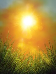 Naklejka premium Bright Sun Shining Over Green Grass Field with Warm Bokeh Background