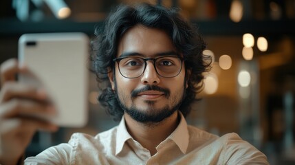 Obraz premium Young Man using Smartphone Casual Portrait Close Up
