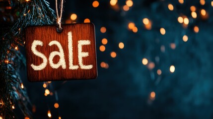 A wooden sign displaying the word sale is seen hanging among twinkling lights during a festive winter evening