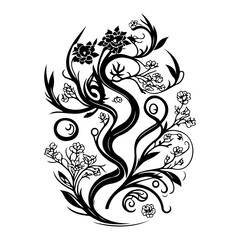 Abstract Floral Design with Swirling Black Vines