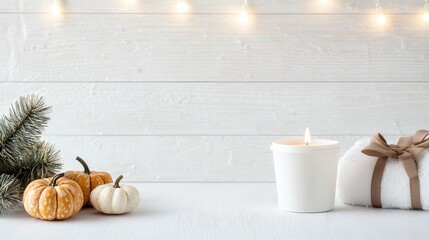 Cozy autumnal arrangement with candles pumpkins and evergreens minimalist white background seasonal holiday design