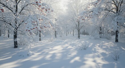 Snow-Covered Winter Grove: Serene, Sunlit Scene with Red Berries