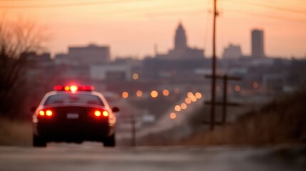 A police car with flashing lights is driving down a hill at dusk, silhouetted by a city skyline illuminated by evening lights