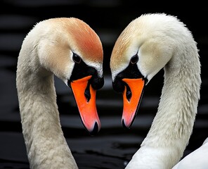 Fototapeta premium A close-up of two swans facing each other on the water, their heads tilted towards one another as if having a conversation. The background is dark and blurred to focus attention on them. They have whi